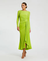Green Ruched Long Sleeve Ruffle Hem Dress